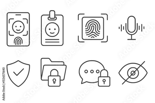 Mobile Banking Icons. Line style icons of mobile banking solutions: biometric login icon, face ID tag, fingerprint scan chart,
