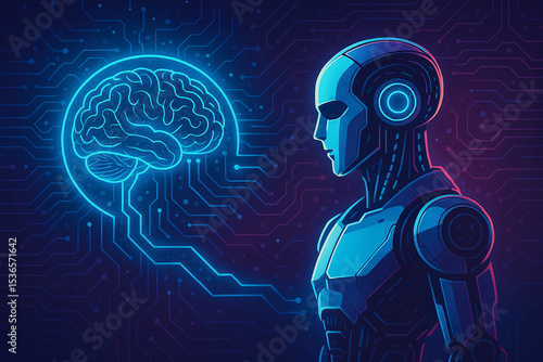 AI Brain Connected to Humanoid Robot in Neon Circuit Network