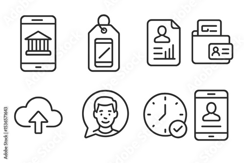 Mobile Banking Icons. Line style icons of mobile banking solutions: account opening icon, digital onboarding tag, ID verification