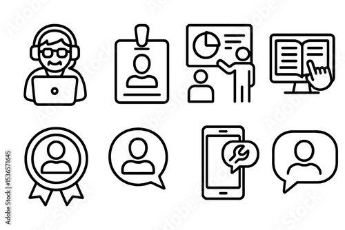 Digital Inclusion Icons. Line style icons of digital inclusion: senior tech support icon, digital mentor tag, help session chart,