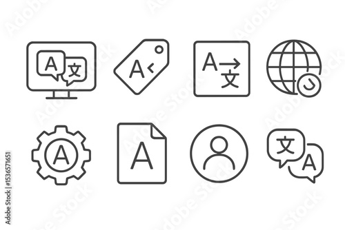 Digital Inclusion Icons. Line style icons of digital inclusion: multilingual interface icon, language toggle tag, translation