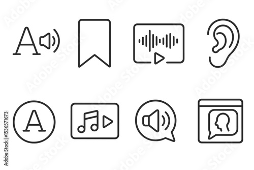 Digital Inclusion Icons. Line style icons of digital inclusion: text-to-speech icon, read aloud tag, audio play chart, listening