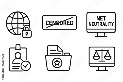 Digital Inclusion Icons. Line style icons of digital inclusion: open internet icon, uncensored web tag, digital rights chart, net