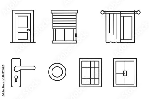 Line Icons Collection. Line style icons of doors and windows: entrance door, window blinds, sliding door, curtain rod. door handle