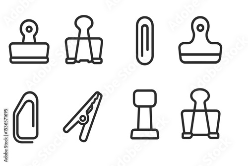 Line Style Clip Icons. Line style icons of clip tools: bulldog clip, binder clip, paper clip, magnetic clip. book clip, alligator