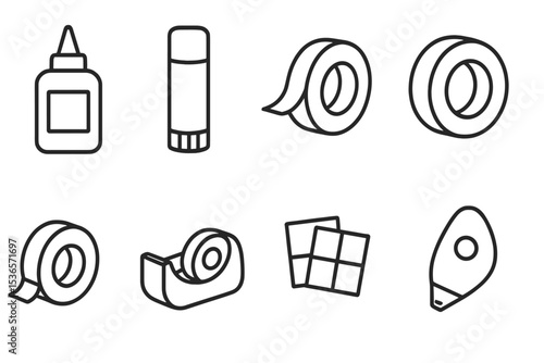 Adhesive Supplies Icons. Line style icons of adhesive supplies: glue bottle, glue stick, double-sided tape, masking tape. scotch