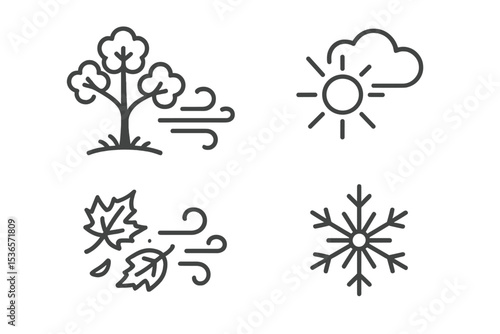Seasonal Weather Icons. Line style icons of seasonal weather: spring breeze, summer heat, autumn wind, winter snow. blooming tree,
