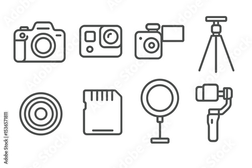 Camera Gear Icons. Line style icons of cameras and gear: DSLR camera, action camera, video camera, camera tripod. lens, SD card,