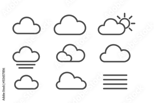 Cloudy Weather Icons. Line style icons of cloudy weather: fluffy cloud, overcast sky, scattered clouds, cloud with sun. foggy