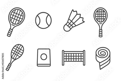 Racquet Sports Icons. Line style icons of tennis and racquet sports: tennis racket, tennis ball, shuttlecock, badminton racket.