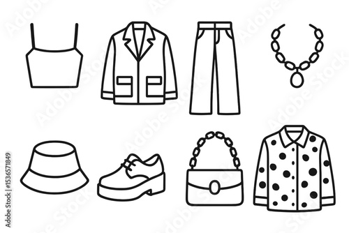 Trendy Fashion Icons. Line style icons of trendy fashion: crop top, oversized jacket, wide-leg pants, statement necklace. bucket