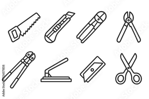 Cutting Tools Icons. Line style icons of cutting tools: handsaw, utility knife, box cutter, wire cutter. bolt cutter, tile cutter,