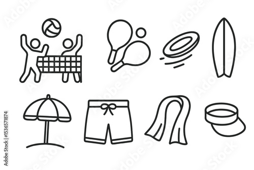 Beach Sports Icons. Line style icons of beach sports: beach volleyball, paddleball set, frisbee, surfboard. beach umbrella, swim