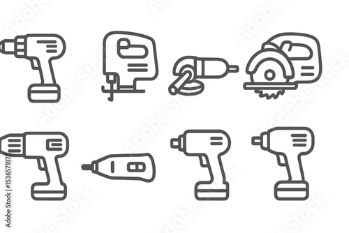Power Tools Icons. Line style icons of power tools: drill, jigsaw, angle grinder, circular saw. heat gun, rotary tool, power