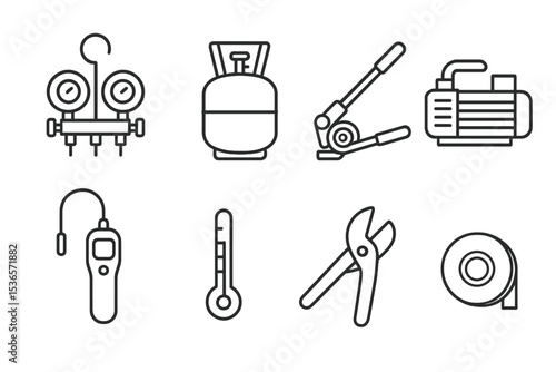 HVAC Tools Icons. Line style icons of HVAC tools: manifold gauge, refrigerant tank, pipe bender, vacuum pump. leak detector,