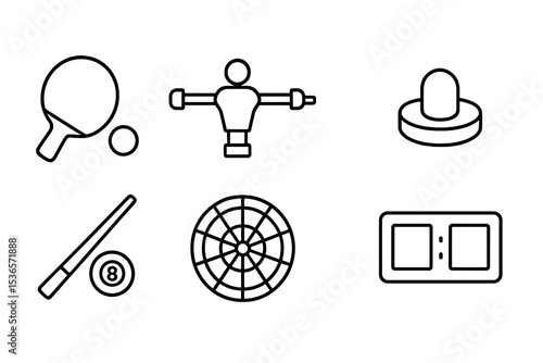 Table Sports Icons. Line style icons of table sports gear: ping pong paddle, table tennis ball, foosball rod, air hockey paddle.
