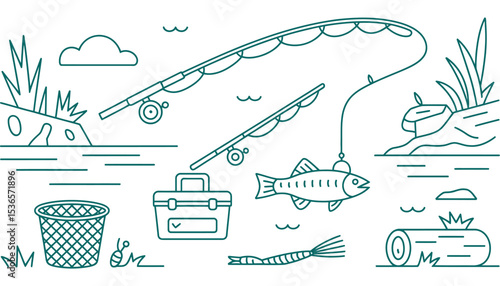 A set of vector fishing icons illustrating various modes of water transport and sea travel with boat and ship silhouettes