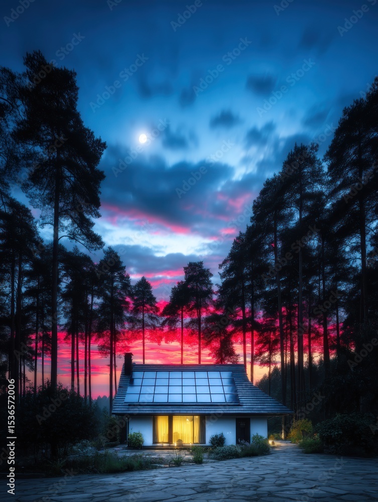 Fototapeta premium Cozy cabin at twilight in a forest