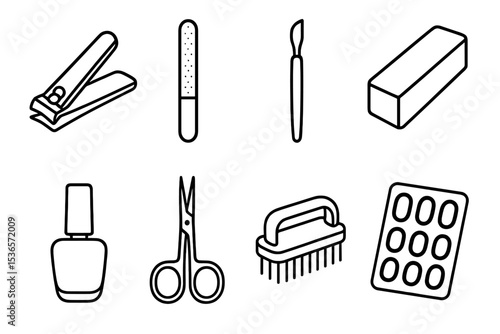 Nail Care Tools. Line style icons of nail care: nail clipper, nail file, cuticle pusher, nail buffer. polish bottle, manicure