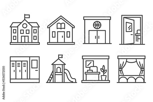 School Icon Set. Line style icons of school buildings: school facade, library, gymnasium, classroom door. hallway, playground,