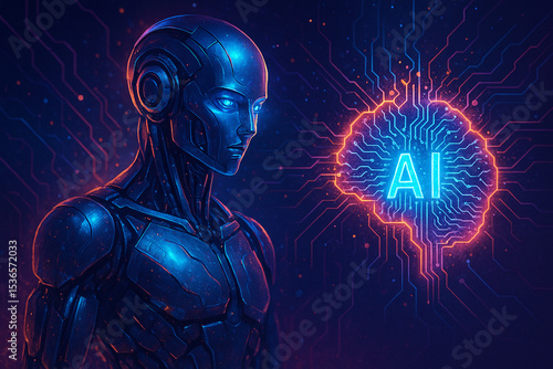 Cybernetic Robot and Glowing AI Brain in Futuristic Scene