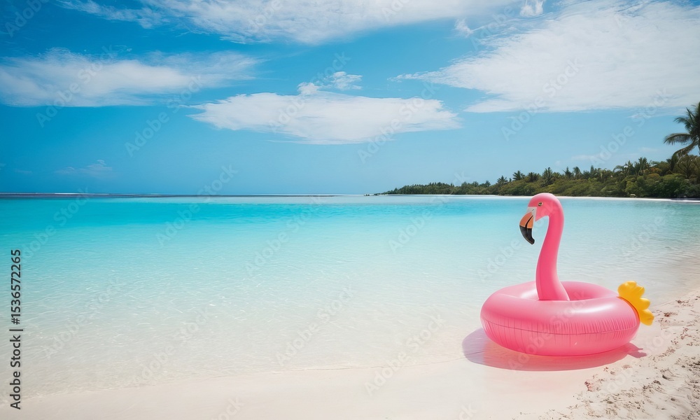 A Relaxing Beach Getaway with a Pink Flamingo Float on a Tropical Island A Relaxing Beach Getaway with a Pink Flamingo Float on a Tropical Island