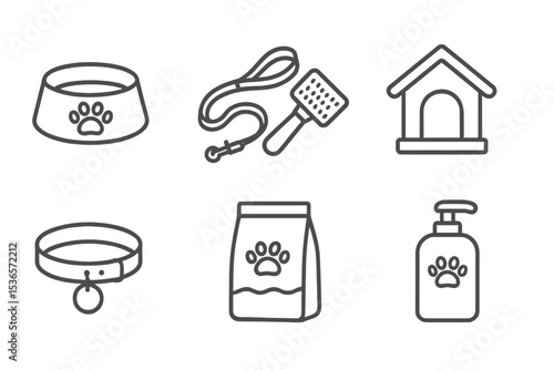 Pet Care Icons. Line style icons of pet care: pet bowl, leash, grooming brush, pet house. collar, food bag, litter box, pet