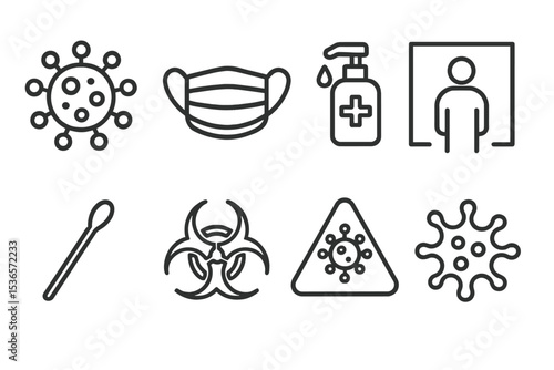Infectious Disease Icons. Line style icons of infectious disease care: virus cell, face mask, hand sanitizer, isolation icon. test
