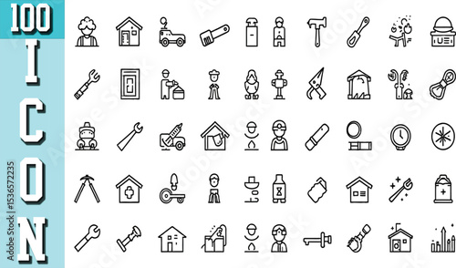 Collection of One Hundred Line Art Icons Depicting Various Professions and Objects