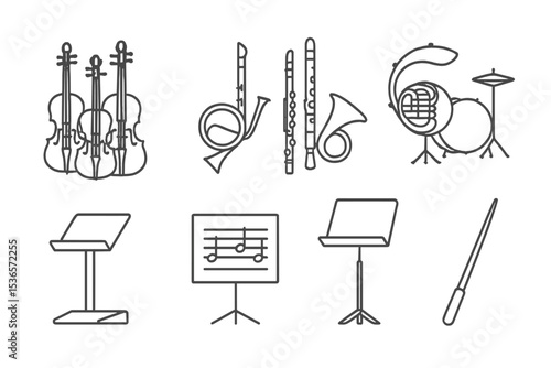 Orchestral Icon Set. Line style icons of orchestral sections: strings group, brass section, woodwind section, percussion section.