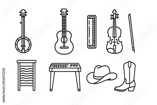 Country Music Essentials. Line style icons of country music gear: banjo, acoustic guitar, harmonica, fiddle. washboard, steel
