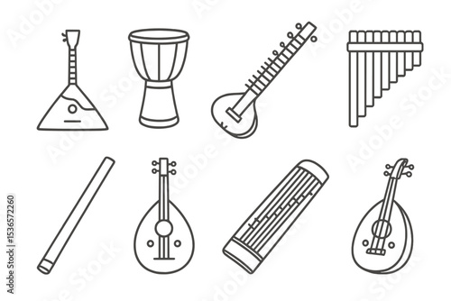 Folk Instrument Icons. Line style icons of traditional folk instruments: balalaika, djembe, sitar, pan flute. didgeridoo, oud,