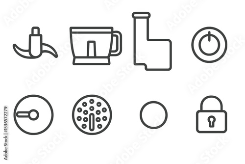 Food Processor Icon Set. Line style icons of food processor parts: blade attachment, mixing bowl, food chute, control dial.