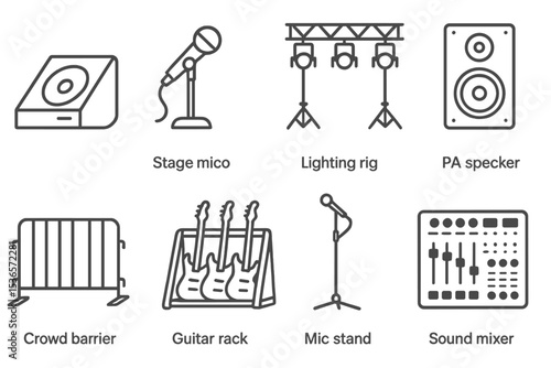 Concert Setup Icons. Line style icons of live concert setup: stage monitor, stage mic, lighting rig, PA speaker. crowd barrier,