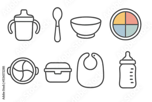 Kids' Kitchenware Icons. Line style icons of kids’ kitchenware: sippy cup, baby spoon, small bowl, colorful plate. food divider,