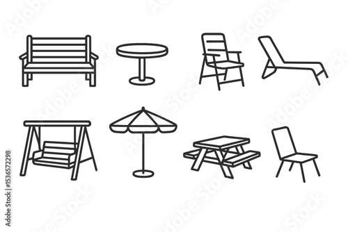 Outdoor Furniture Icons. Line style icons of outdoor furniture: garden bench, patio table, lawn chair, sun lounger. swing seat,