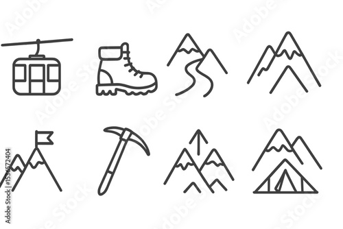 Mountain Adventure Icons. Line style icons of mountain travel: cable car, hiking boot, mountain trail, snow peak. summit flag,