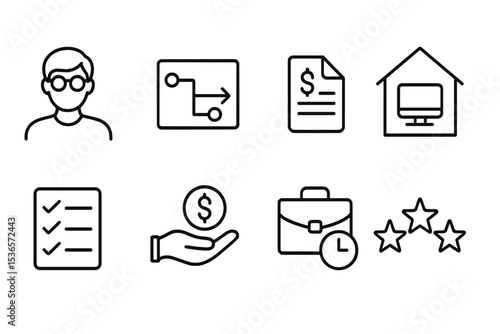 Freelancing Line Icons. Line style icons of freelancing: freelancer avatar, project timeline, invoice icon, home setup. task