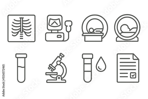 Diagnostic Icons in Line. Line style icons of diagnostics: X-ray image, ultrasound device, MRI scanner, CT scan icon. test tube,