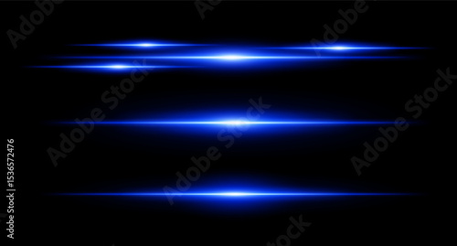 Horizontal blue flare beams in stacked layout on dark background with smooth gradients and glow effect. Sci-fi or HUD visual element.