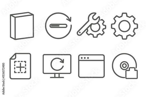 Software Update Icons. Line style icons of software and updates: software box, update progress, settings icon, gear wheel. patch