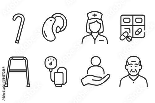 Elderly Care Icons. Line style icons of elderly care: walking cane, hearing aid, care nurse, medication organizer. walker, blood