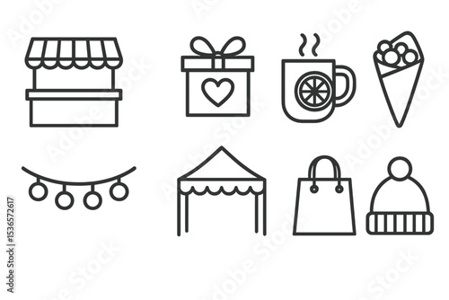 Seasonal Market Icons. Line style icons of seasonal markets: market stall, handmade gift, mulled wine, roasted nuts. garland decor