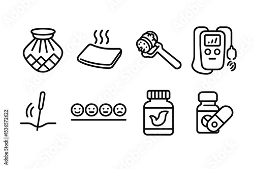Pain Management Icons. Line style icons of pain management: cold pack, heat pad, massage roller, TENS unit. acupuncture needle,