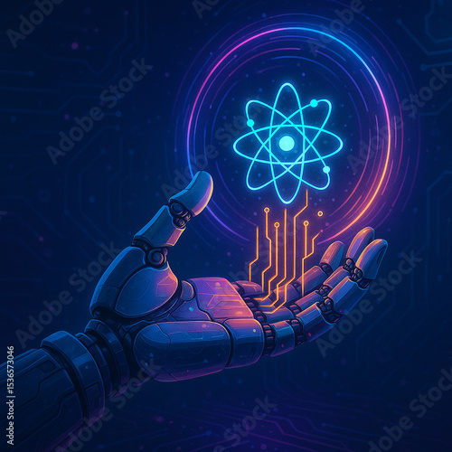Robotic Hand Holding Glowing Quantum Symbol