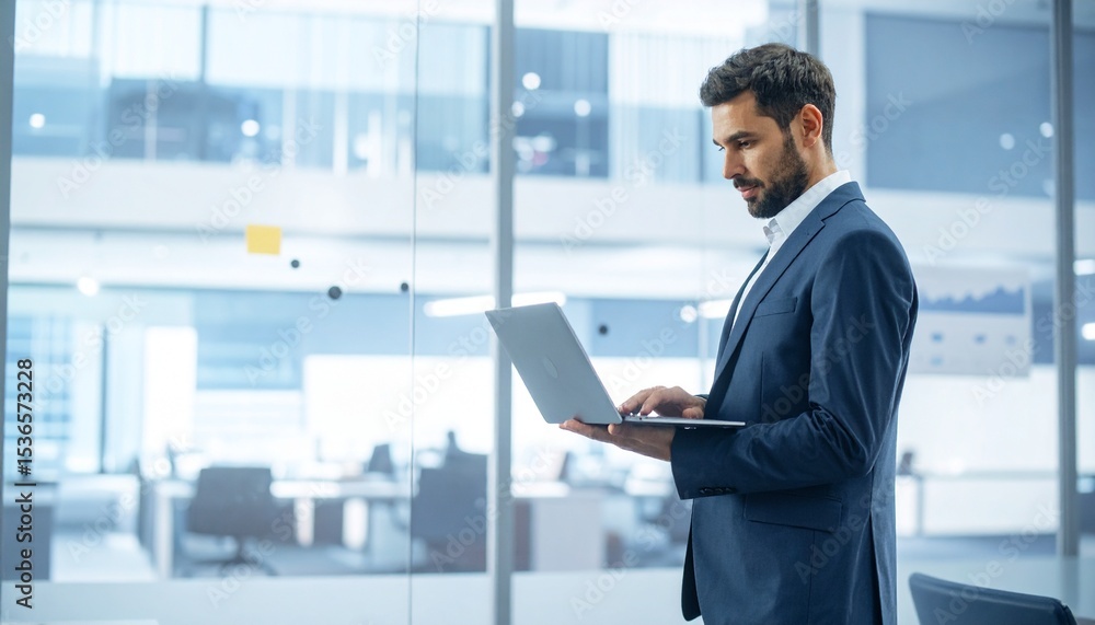Businessman working on laptop in modern office. He is standing near a large window, concentrating on his work. Businessman working on laptop in modern office. He is standing near a large window, concentrating on his work.