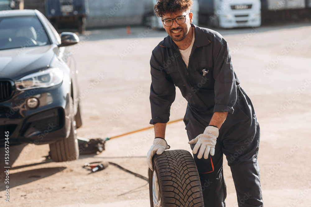 Obraz premium Outdoors with new tire. Mechanic is with the car