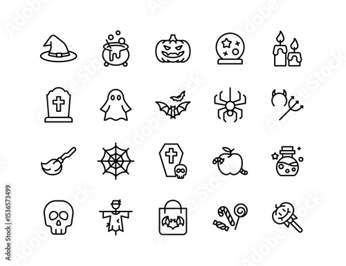 Halloween Vector Icon Set | Adjustable Line Weight | Pumpkin, witch hat, ghost, skull, bat, spider, potion, candy, tombstone, broomstick, lantern, grave, haunted, spooky, costume icons