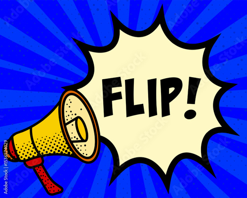 Flip announcement speech bubble. Megaphone, speech burst, comic style, bright background, communication element, expression tool, voice projection, information sharing, pop art design.