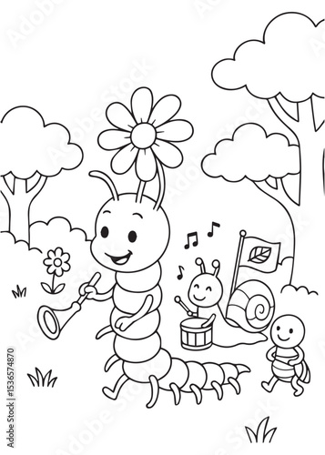 Coloring book centipede leading a lively insect band (snail drummer, centipede flag bearer) A joyful nature parade